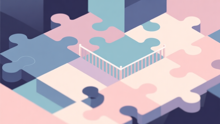 自动生成图片: Abstract geometric composition with overlapping puzzle pieces and a subtle barrier in the center, soft pastel colors, modern minimal style, professional game design concept illustration high quality illustration, detailed, 16:9