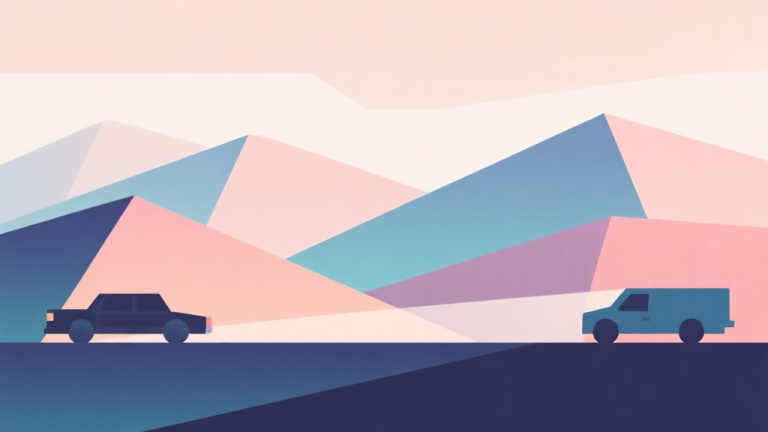 自动生成图片: Abstract geometric composition with overlapping shapes representing hills and vehicles, soft pastel colors, modern minimal style, professional gaming concept illustration high quality illustration, detailed, 16:9