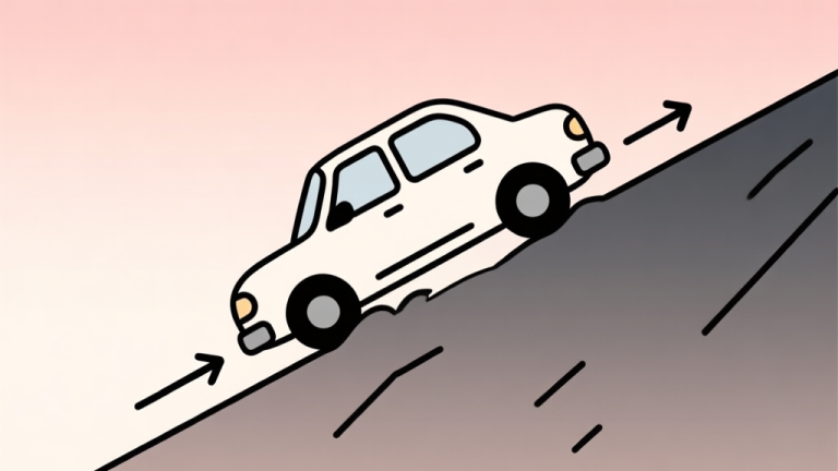 自动生成图片: A minimalist side-view illustration of a cartoon car struggling on a steep hill slope, with arrows indicating loss of momentum and incorrect angle, soft gradient background, clean lines high quality illustration, detailed, 16:9