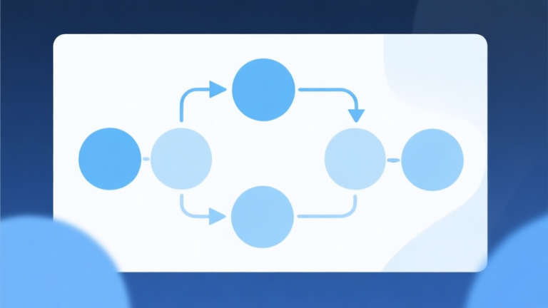 自动生成图片: Simple flowchart illustration with connected circles and arrows, light blue and white color scheme, clean minimal design, business presentation style high quality illustration, detailed, 16:9