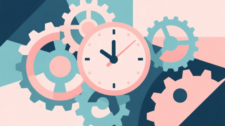 自动生成图片: Abstract geometric composition with overlapping gears and clock faces, soft pastel colors, modern minimal style, professional game design concept illustration high quality illustration, detailed, 16:9