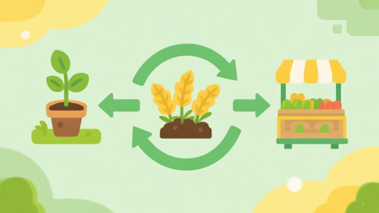 自动生成图片: Simple flowchart illustration showing a cycle of planting, harvesting, and connecting to a market, with soft green and yellow color scheme, clean flat design, game strategy concept high quality illustration, detailed, 16:9