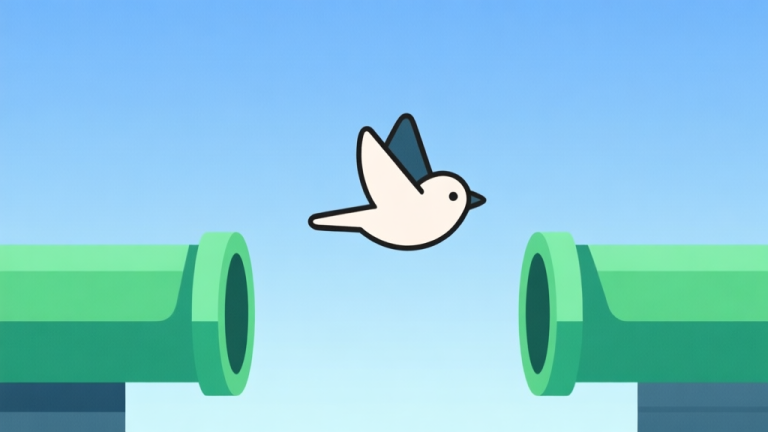 自动生成图片: A minimalist side-view of a simple bird character mid-flight between two green pipe obstacles, on a soft blue gradient background, clean geometric shapes, flat design style, conveying a calm and focused game moment high quality illustration, detailed, 16:9