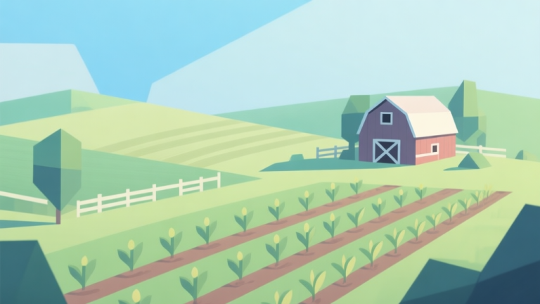 自动生成图片: Abstract geometric farm landscape with simple crop rows and barn, soft green and blue pastel colors, clean minimal design, peaceful game concept illustration high quality illustration, detailed, 16:9