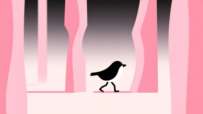 自动生成图片: A minimalist illustration of a simple bird-like character navigating between abstract, stylized pink pillars, with a focus on clean lines and a soft, gradient background, conveying tension and simplicity high quality illustration, detailed, 16:9