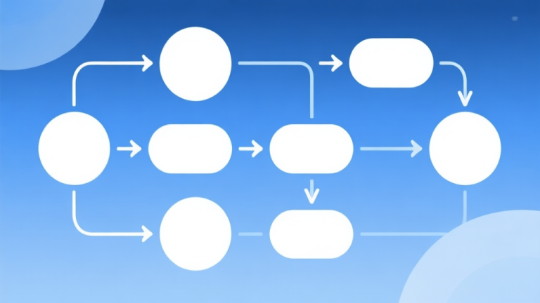 自动生成图片: Simple flowchart illustration with connected circles and arrows, light blue and white color scheme, clean minimal design, business presentation style high quality illustration, detailed, 16:9