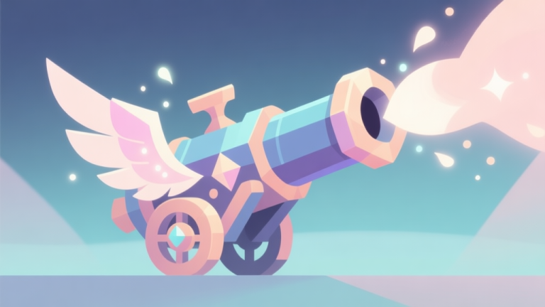 自动生成图片: Abstract geometric composition with a magical cannon shape intertwined with wing motifs and soft light particles, pastel colors, clean minimal style, fantasy game concept illustration high quality illustration, detailed, 16:9