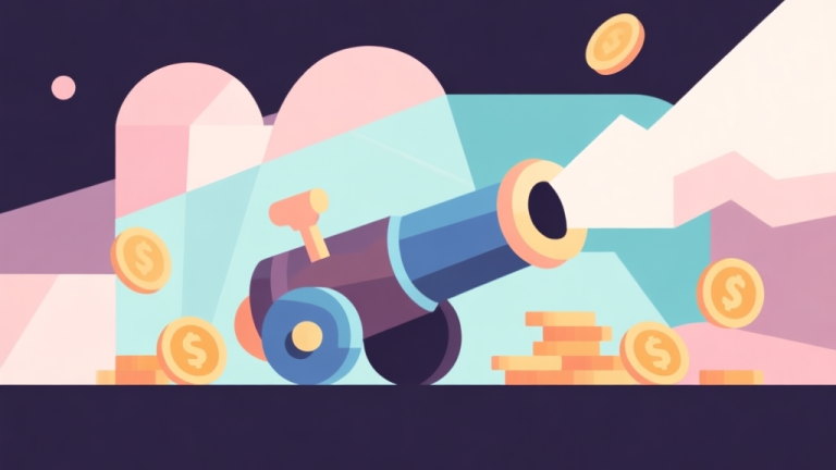 自动生成图片: Abstract geometric composition with overlapping shapes representing a magical cannon and coins, soft pastel colors, modern minimal style, professional game analysis concept illustration high quality illustration, detailed, 16:9