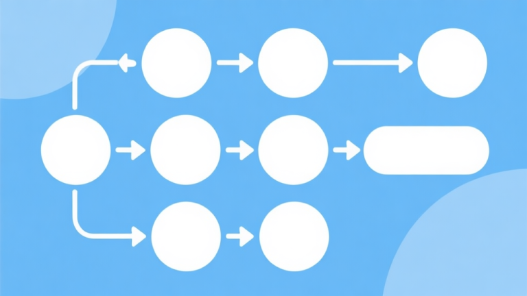 自动生成图片: Simple flowchart illustration with connected circles and arrows, light blue and white color scheme, clean minimal design, business presentation style high quality illustration, detailed, 16:9