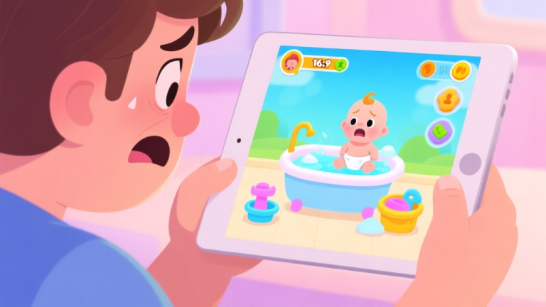 自动生成图片: A frustrated player looking at a tablet screen showing a failed mission in a colorful kids game, with a virtual baby character and bath toys, soft pastel colors, cartoon style illustration high quality illustration, detailed, 16:9