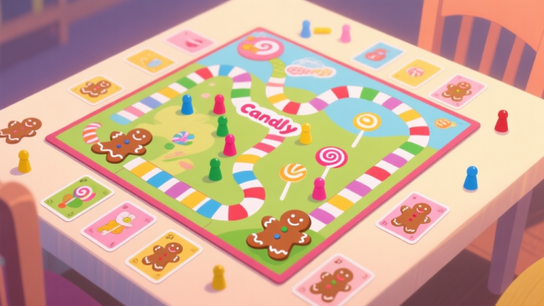 自动生成图片: A colorful and inviting Candy Land game board spread out on a table, with gingerbread pawns and illustrated cards, soft lighting, from a top-down perspective, cheerful and simple illustration style high quality illustration, detailed, 16:9