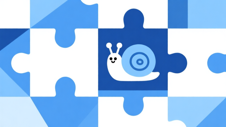 自动生成图片: Abstract geometric composition with overlapping shapes in winter blue and white color scheme, clean minimal style, representing a puzzle game concept with a snail character high quality illustration, detailed, 16:9