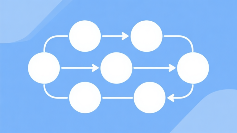 自动生成图片: Simple flowchart illustration with connected circles and arrows, light blue and white color scheme, clean minimal design, business presentation style high quality illustration, detailed, 16:9