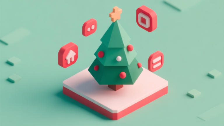 自动生成图片: A minimalist isometric view of a Christmas tree with icons representing theme, density, and symmetry floating around it, soft red and green color scheme, clean game UI style, geometric shapes high quality illustration, detailed, 16:9