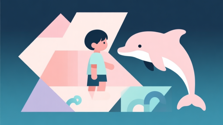 自动生成图片: Abstract geometric composition with overlapping shapes representing a child and a dolphin, soft pastel colors, modern minimal style, professional concept illustration of digital safety and play high quality illustration, detailed, 16:9