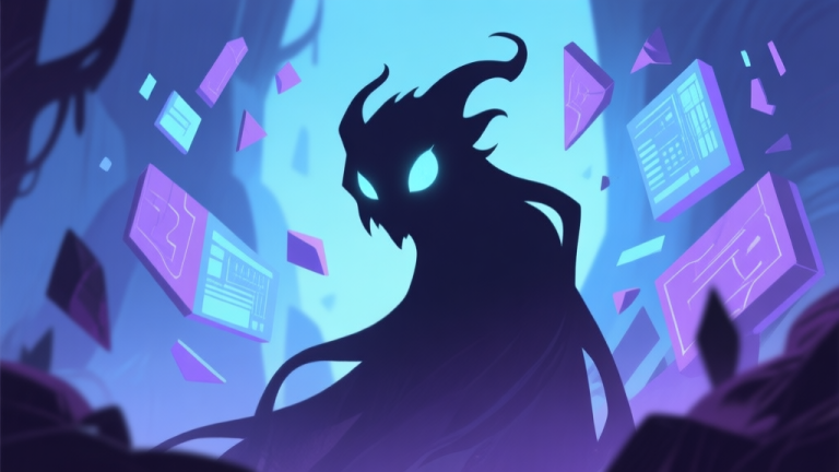 自动生成图片: A mysterious, shadowy creature silhouette in a fantasy game setting, with glowing eyes and abstract geometric shapes representing data and lore fragments around it, soft blue and purple color scheme, clean digital art style high quality illustration, detailed, 16:9