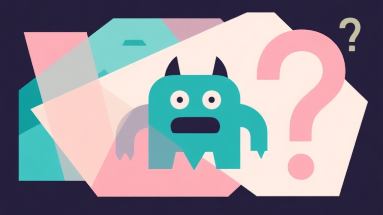 自动生成图片: Abstract geometric composition with overlapping shapes representing a monster and question marks, soft pastel colors, modern minimal style, professional game analysis concept illustration high quality illustration, detailed, 16:9