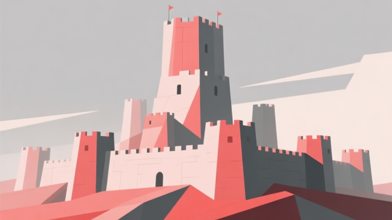 自动生成图片: Abstract geometric fortress with a towering central structure, surrounded by smaller defensive shapes, soft red and grey color scheme, clean minimal design, strategic challenge concept high quality illustration, detailed, 16:9