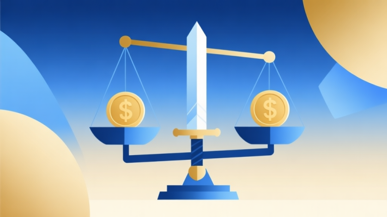 自动生成图片: Abstract business concept with geometric scales balancing coins and a sword, soft blue and gold gradient, clean minimal design, modern investment decision illustration high quality illustration, detailed, 16:9