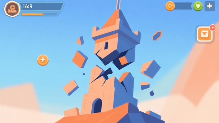 自动生成图片: Abstract geometric composition of a stylized tower crumbling into pieces, game UI elements floating around, soft blue and orange color scheme, digital art style, clean lines high quality illustration, detailed, 16:9