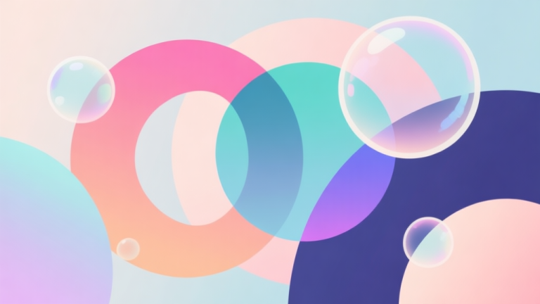 自动生成图片: Abstract geometric composition with overlapping colored circles and bubbles, soft pastel colors, modern minimal style, professional game concept illustration high quality illustration, detailed, 16:9