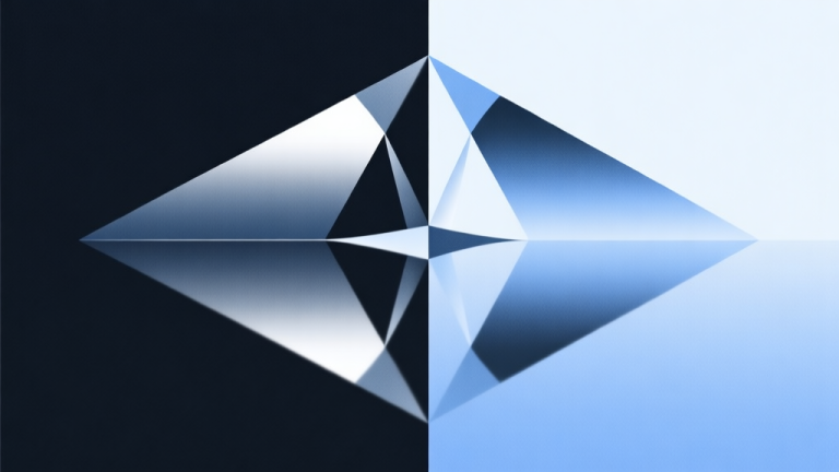 自动生成图片: Abstract geometric composition with mirrored symmetrical shapes, one side dark and one side light, soft blue and silver color scheme, modern minimal style, concept of reflection and duality high quality illustration, detailed, 16:9