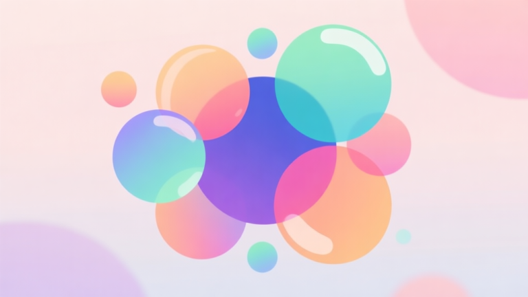 自动生成图片: Abstract geometric composition with overlapping colorful bubbles and circles, soft pastel background, clean minimal style, modern mobile game concept illustration high quality illustration, detailed, 16:9