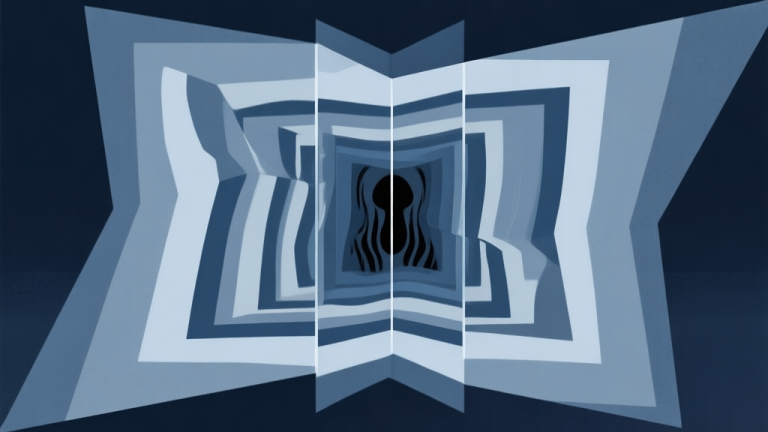 自动生成图片: Abstract geometric composition with a distorted mirror reflection, soft dark blue and grey color scheme, modern minimal style, psychological horror concept illustration high quality illustration, detailed, 16:9
