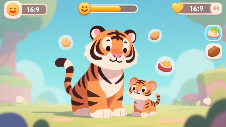 自动生成图片: A cute and stylized illustration of a mother tiger and her cub in a virtual game environment, with simple UI elements like a happiness bar and food icons floating around, soft colors, digital art style high quality illustration, detailed, 16:9