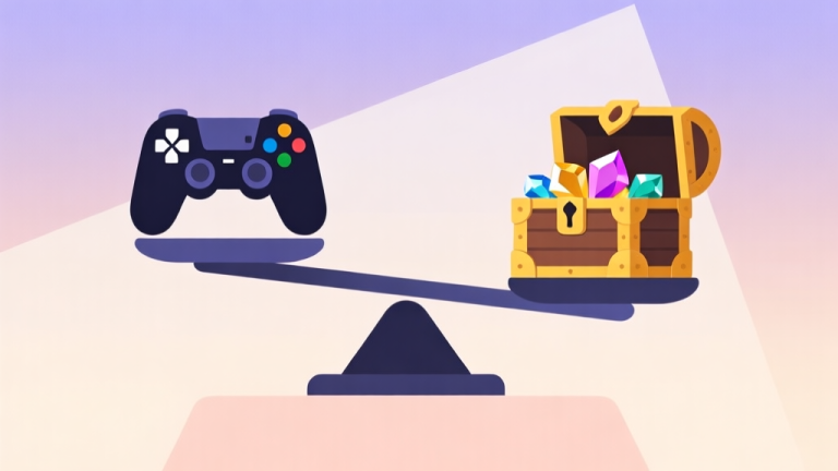 自动生成图片: A minimalist illustration of a scale balancing a video game controller on one side and a treasure chest with gems on the other, soft gradient background, clean geometric shapes, professional color scheme high quality illustration, detailed, 16:9