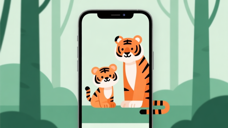 自动生成图片: A minimalist illustration of a smartphone screen showing a stylized, cute tiger cub and mother tiger in a simple forest setting, with soft green and orange color palette, clean lines, flat design style high quality illustration, detailed, 16:9