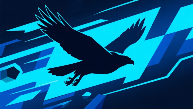 自动生成图片: A dynamic, stylized silhouette of a swift bird of prey diving amidst abstract motion lines and digital polygons, representing speed and precision in a game, dark blue and electric blue color scheme, minimalist esports illustration high quality illustration, detailed, 16:9