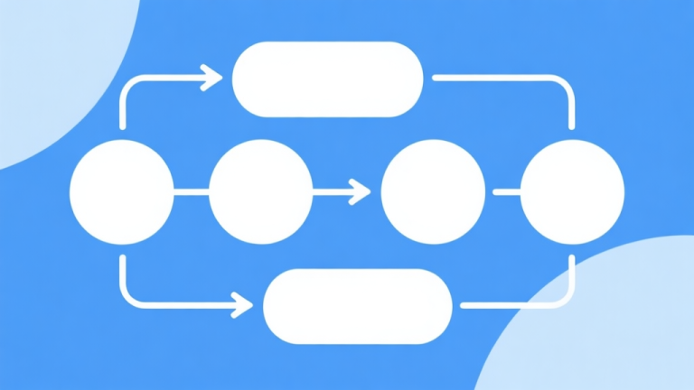 自动生成图片: Simple flowchart illustration with connected circles and arrows, light blue and white color scheme, clean minimal design, business presentation style high quality illustration, detailed, 16:9