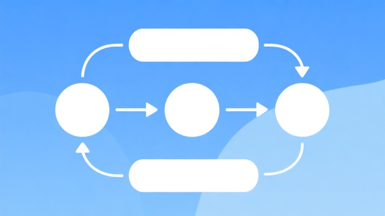 自动生成图片: Simple flowchart illustration with connected circles and arrows, light blue and white color scheme, clean minimal design, business presentation style high quality illustration, detailed, 16:9