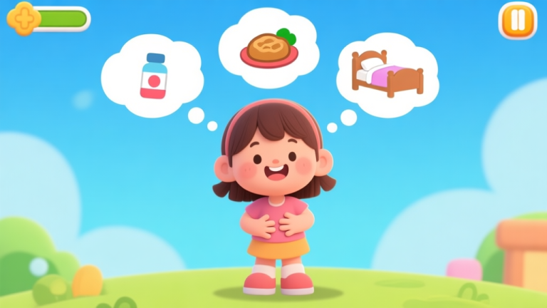 自动生成图片: A cheerful cartoon scene of a little girl character holding her stomach, with thought bubbles showing simple icons of medicine, food, and a bed, in a bright and friendly children's game art style high quality illustration, detailed, 16:9