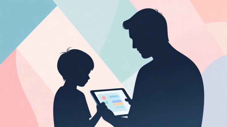自动生成图片: Abstract geometric composition with a parent and child silhouette looking at a tablet screen, soft pastel colors, modern minimal style, concept of digital parenting and educational choice high quality illustration, detailed, 16:9