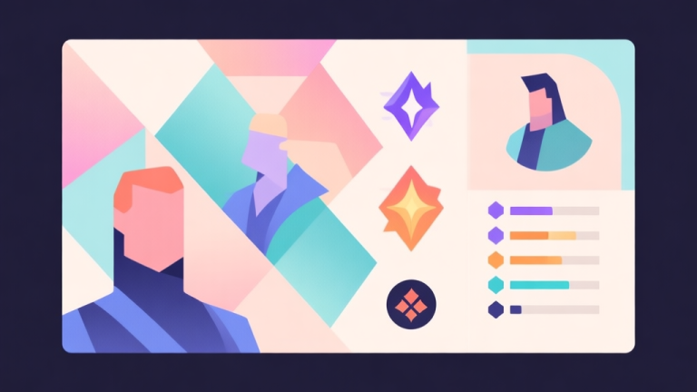 自动生成图片: Abstract geometric composition with overlapping shapes representing character skills and stats, soft pastel colors, modern minimal style, professional game guide concept illustration high quality illustration, detailed, 16:9