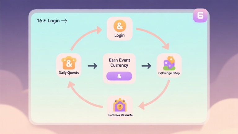 自动生成图片: Simple flowchart illustration showing a circular event cycle: Login -> Daily Quests -> Earn Event Currency -> Exchange Shop -> Exclusive Rewards, with soft pastel colors and clean icons, minimalist game UI style high quality illustration, detailed, 16:9