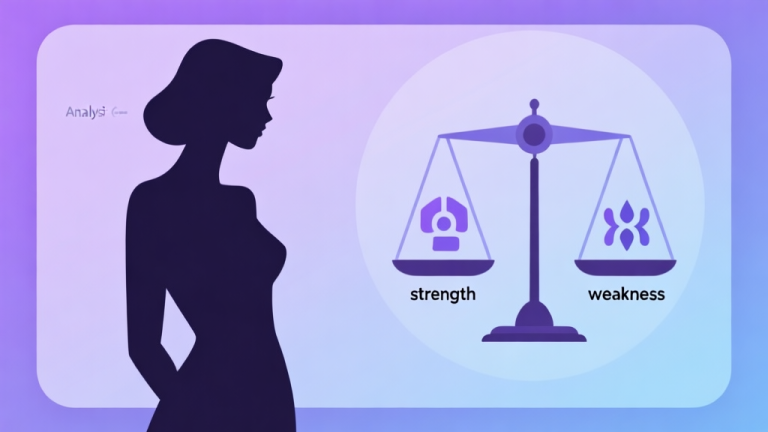 自动生成图片: A minimalist character analysis dashboard showing a silhouette of an elegant female character on one side, and balanced scales with abstract icons for "strength" and "weakness" on the other, soft purple and blue gradient background, clean geometric design high quality illustration, detailed, 16:9