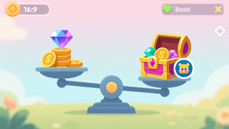 自动生成图片: A balanced scale with one side holding a gem and coin stack, the other side holding a vibrant in-game reward chest and character boost icon, soft summer pastel background, clean game UI style, minimalist illustration high quality illustration, detailed, 16:9