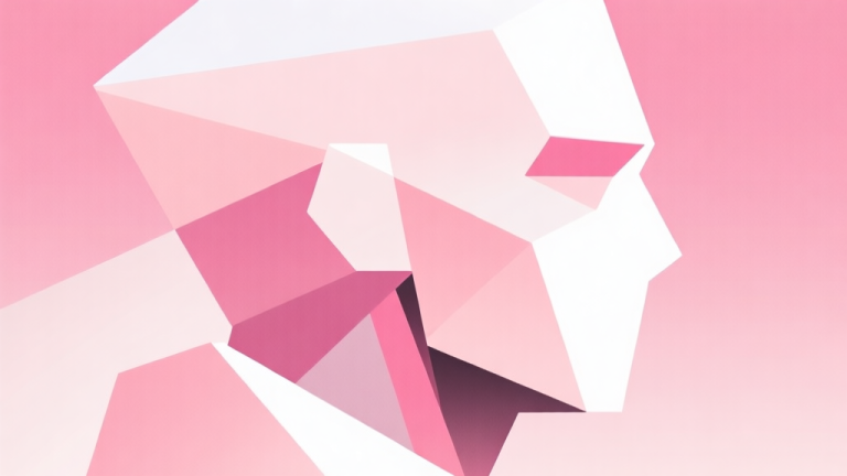 自动生成图片: Abstract geometric composition with overlapping shapes representing a character's profile, soft pastel colors like pink and white, modern minimal style, professional game concept illustration high quality illustration, detailed, 16:9