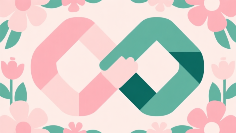 自动生成图片: Abstract geometric composition with two interconnected shapes among floral patterns, soft pastel colors like pink and green, modern minimal style, professional concept illustration of partnership and synergy high quality illustration, detailed, 16:9