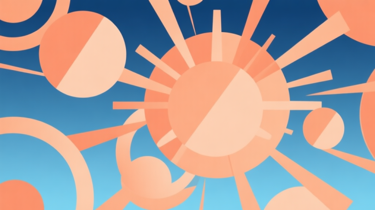 自动生成图片: Abstract geometric composition with overlapping circular explosion patterns, soft orange and blue gradient, modern minimal style, professional game concept illustration high quality illustration, detailed, 16:9