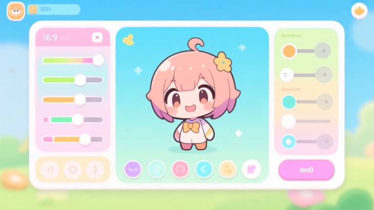 自动生成图片: A bright, friendly digital interface showing a cute anime-style character creator with various sliders and selection panels, pastel color palette, clean and inviting design, minimalist game UI illustration high quality illustration, detailed, 16:9