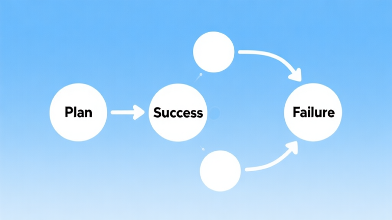 自动生成图片: Simple flowchart illustration with connected circles and arrows representing decision points, light blue and white color scheme, clean minimal design, business presentation style, showing a path from "Plan" to "Success" and a divergent path to "Failure" high quality illustration, detailed, 16:9