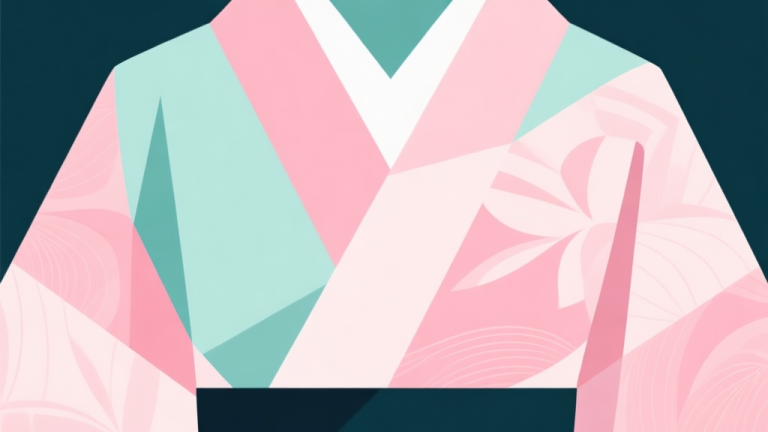 自动生成图片: Abstract geometric composition with overlapping shapes representing kimono fabric patterns, soft pastel colors like pink and mint, modern minimal style, professional fashion concept illustration high quality illustration, detailed, 16:9