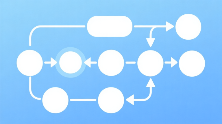 自动生成图片: Simple flowchart illustration with connected circles and arrows, light blue and white color scheme, clean minimal design, business presentation style high quality illustration, detailed, 16:9