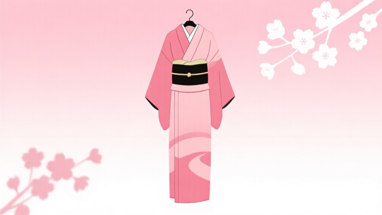 自动生成图片: A serene, minimalist illustration of a traditional Japanese kimono hanging gracefully against a soft gradient background of pastel pink and white, with simple cherry blossom silhouettes, clean and calming aesthetic high quality illustration, detailed, 16:9