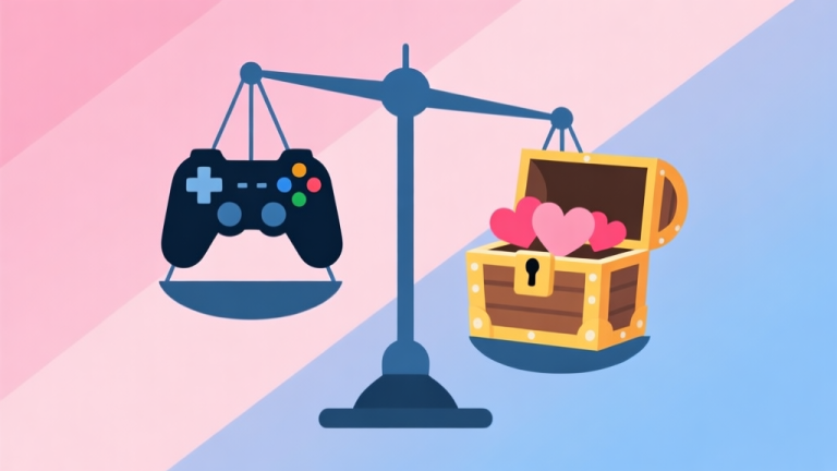 自动生成图片: A minimalist scale illustration with game controller on one side and a treasure chest with hearts on the other, soft pink and blue gradient background, clean geometric shapes, balanced composition high quality illustration, detailed, 16:9
