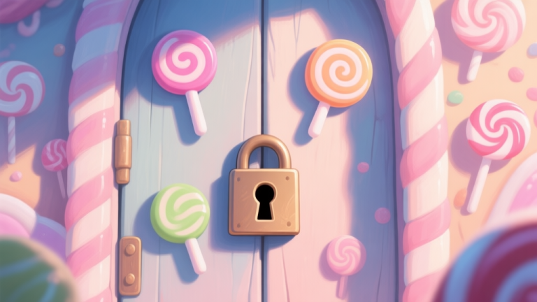 自动生成图片: A close-up of a mysterious locked door in a whimsical candy-themed world, with three distinct candy-shaped symbols, soft pastel colors, digital painting style, inviting yet puzzling atmosphere high quality illustration, detailed, 16:9